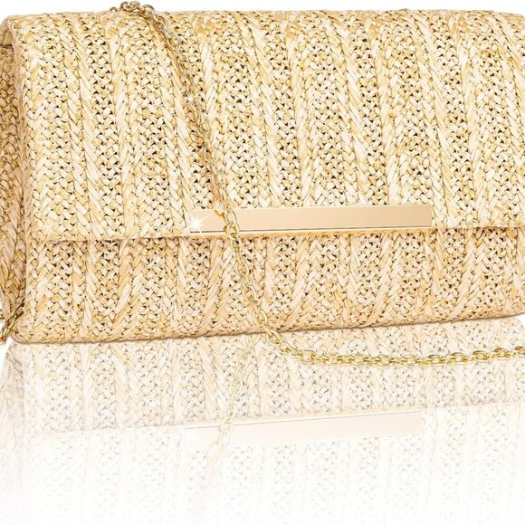 Straw Clutch Purse for Women, Summer Woven Beach Evening Bags w/Chain, Boho Enve - Picture 1 of 7